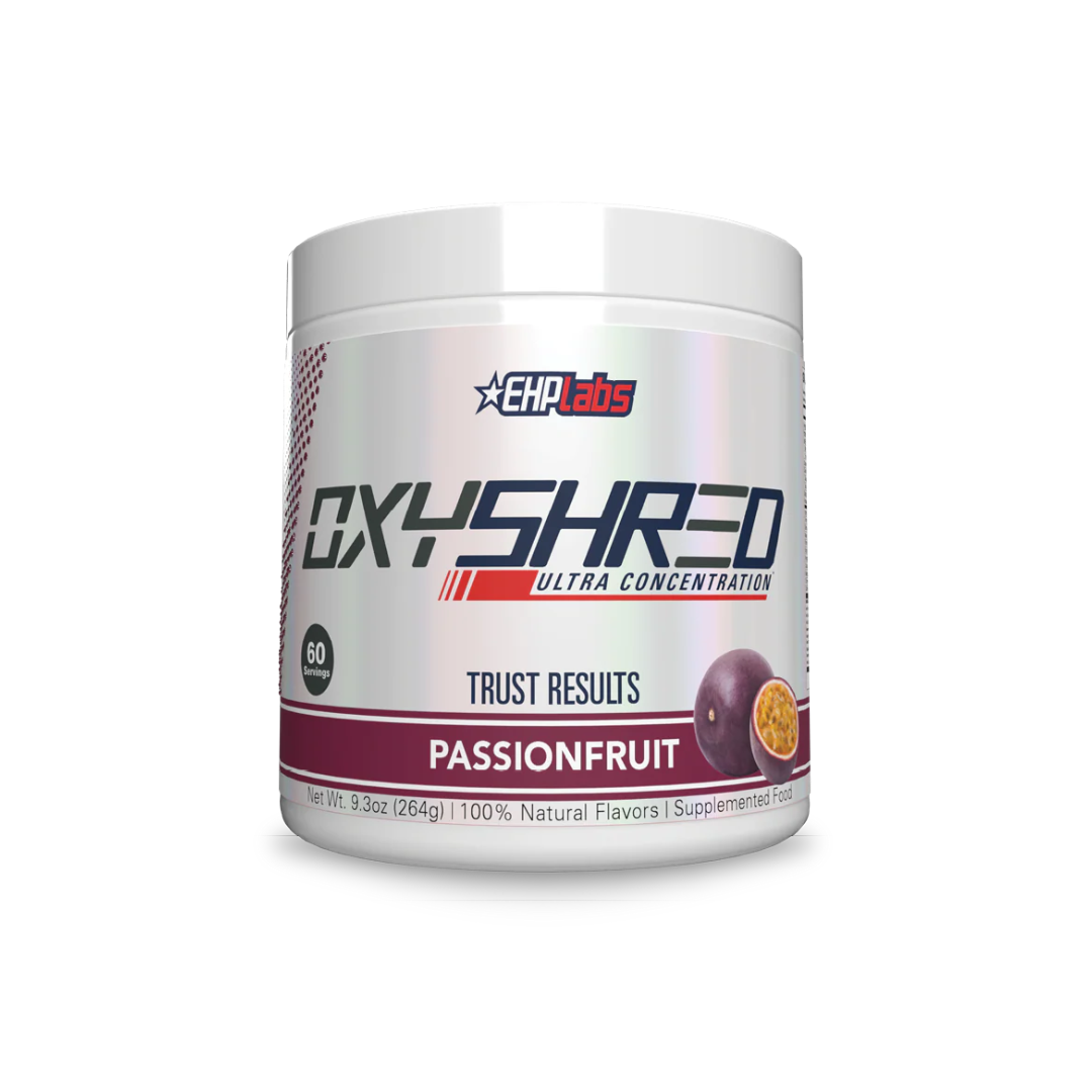 Container of OXYSHRED supplement by EHP Labs in passion fruit flavor on a white background