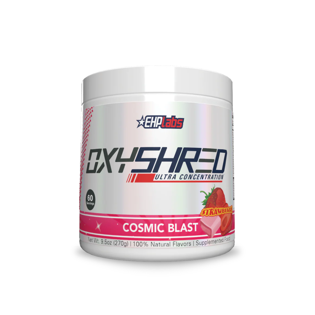 OxyShred supplement, cosmic blast flavour, with EHP Labs branding on a white background