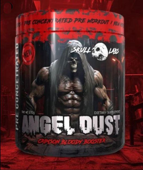 Skull Labs Angel Dust Crimson Dust pre-workout supplement container on a red background