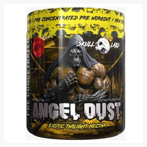 Skull Labs Angel Dust Exotic twilight pre-workout supplement container with muscular skeleton design on a white background