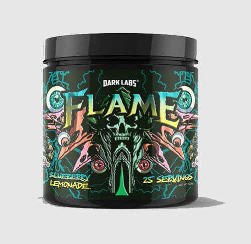 Dark Labs Flame supplement container with colorful design on a white background