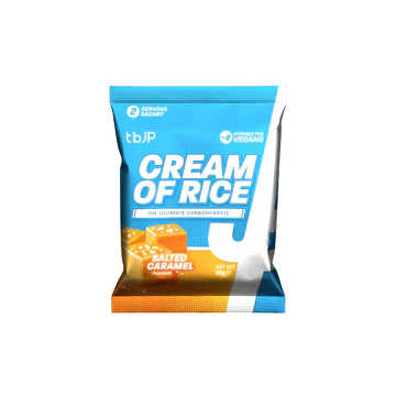 Package of tbjP Cream of Rice Salted Caramel flavor on a white background