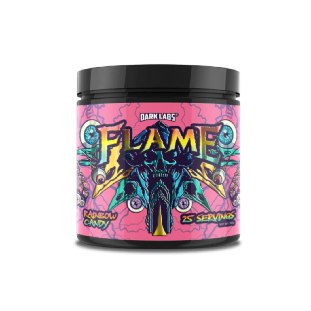 A container of Dark Labs Flame V2 pre-workout supplement with a colorful label featuring a skull and neon colors.