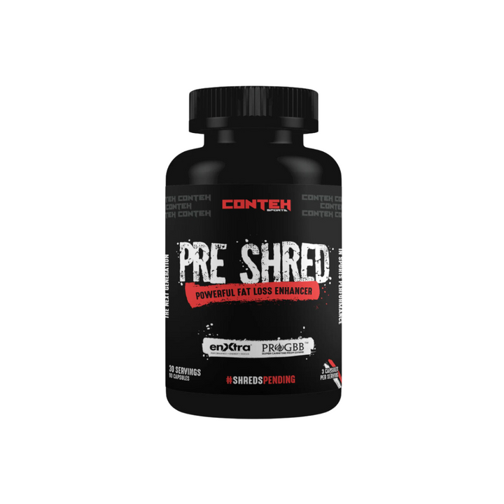 A black bottle of Conteh Sports Pre-Shred supplement with red and white label displaying the product name and branding.
