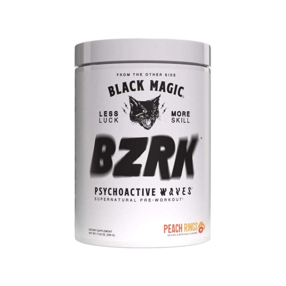 BZRK pre-workout supplement container with black and white design on a white background