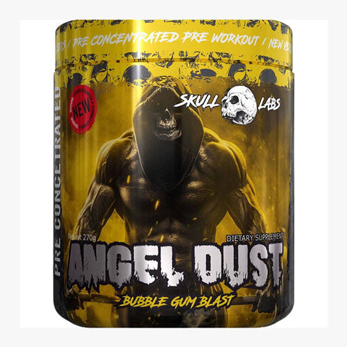 Skull Labs Angel Dust Bibble Gum Blast pre-concentrated pre-workout supplement container on a white background