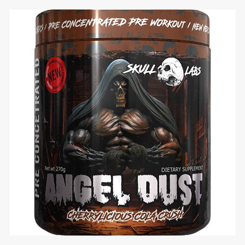 Supplement container labeled Angel Dust Cherrylicious  cola by Skull Labs with a dark design and text.