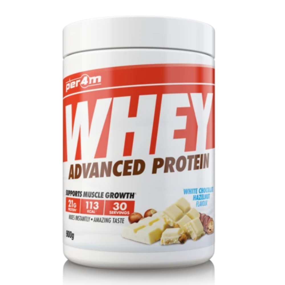 A container of Per4m Advanced Protein Whey in white chocolate raspberry flavor.
