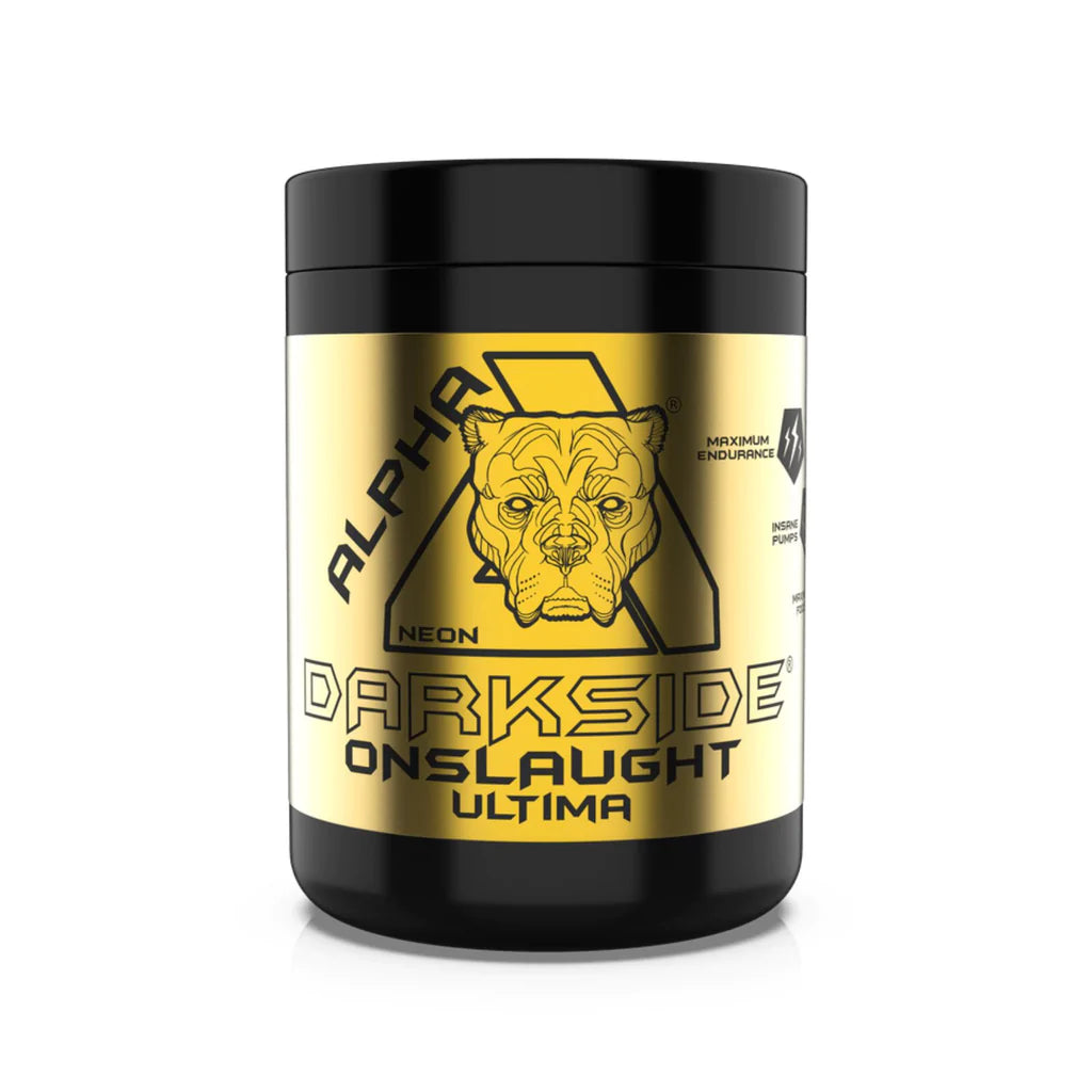 A container of Alpha Neon Darkside Onslaught Ultima pre-workout supplement with a black and gold label featuring an illustration of a lion's head.